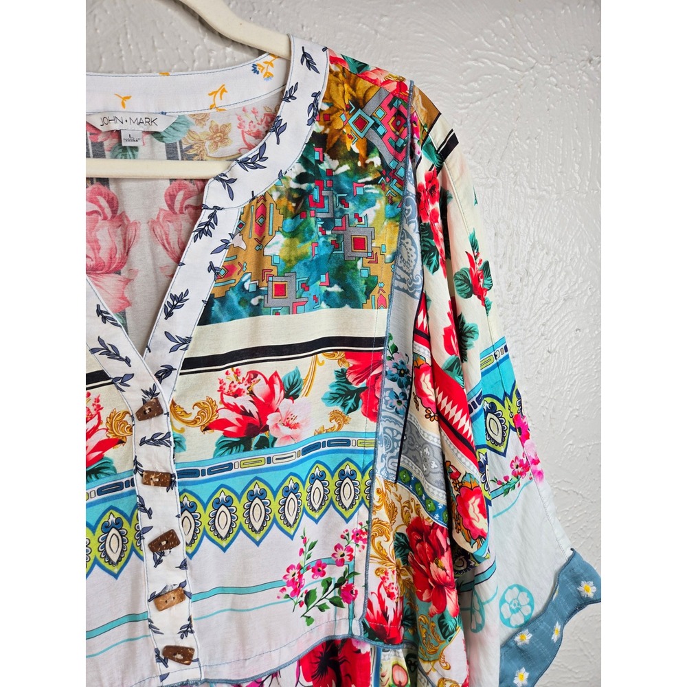 John Mark Floral Patchwork Blouse L Multi Color Relaxed Eclectic Boho Artsy Top - Picture 10 of 13